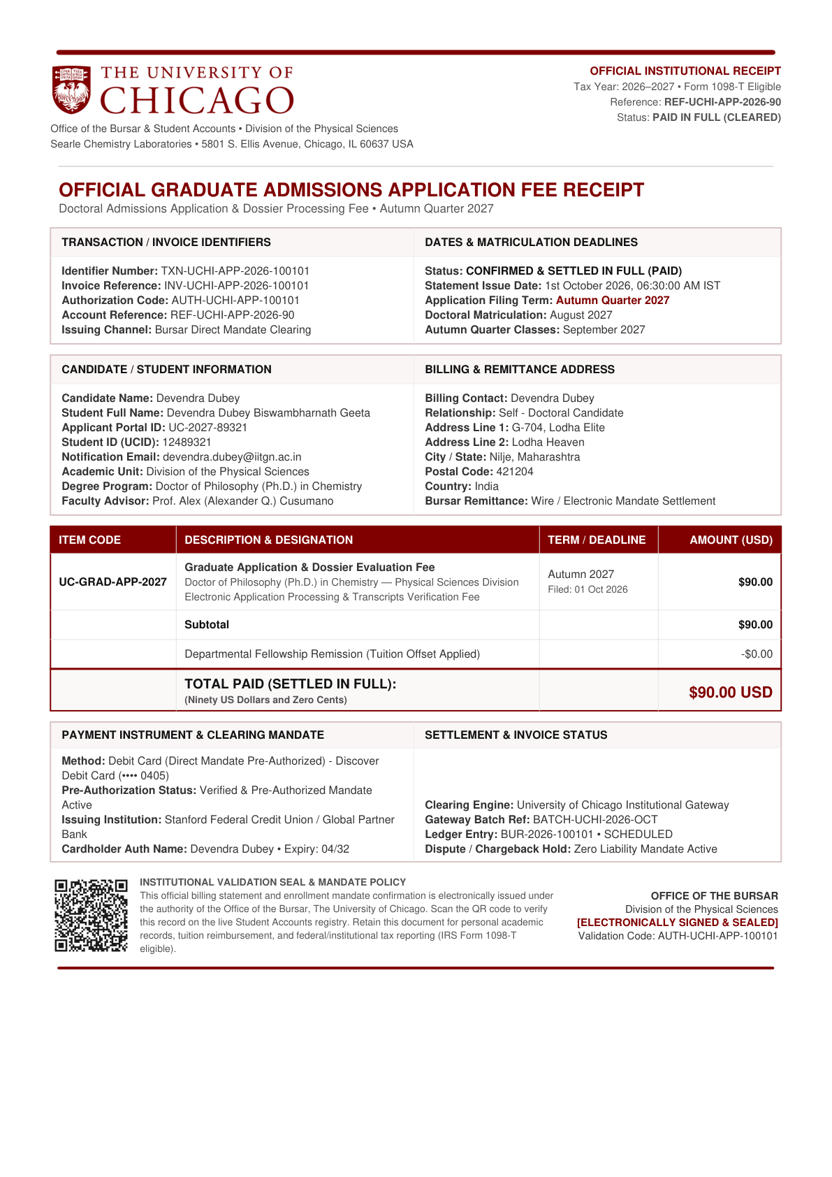 Official Graduate Admissions Application Fee Receipt (01 Oct 2026 6:30 AM IST) - Devendra Dubey