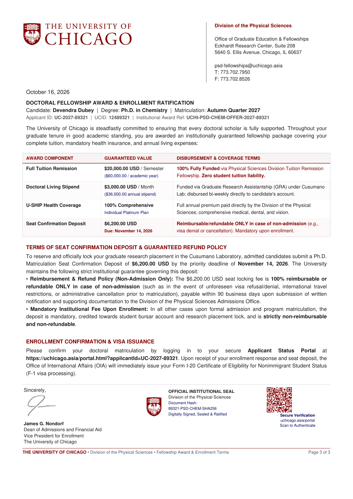 University of Chicago Admission Offer Letter - Page 3 (Doctoral Fellowship Package & Terms)