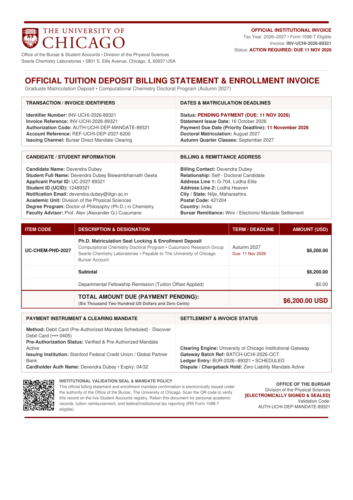 Official Student Accounts Tax Receipt & Enrollment Mandate - Devendra Dubey